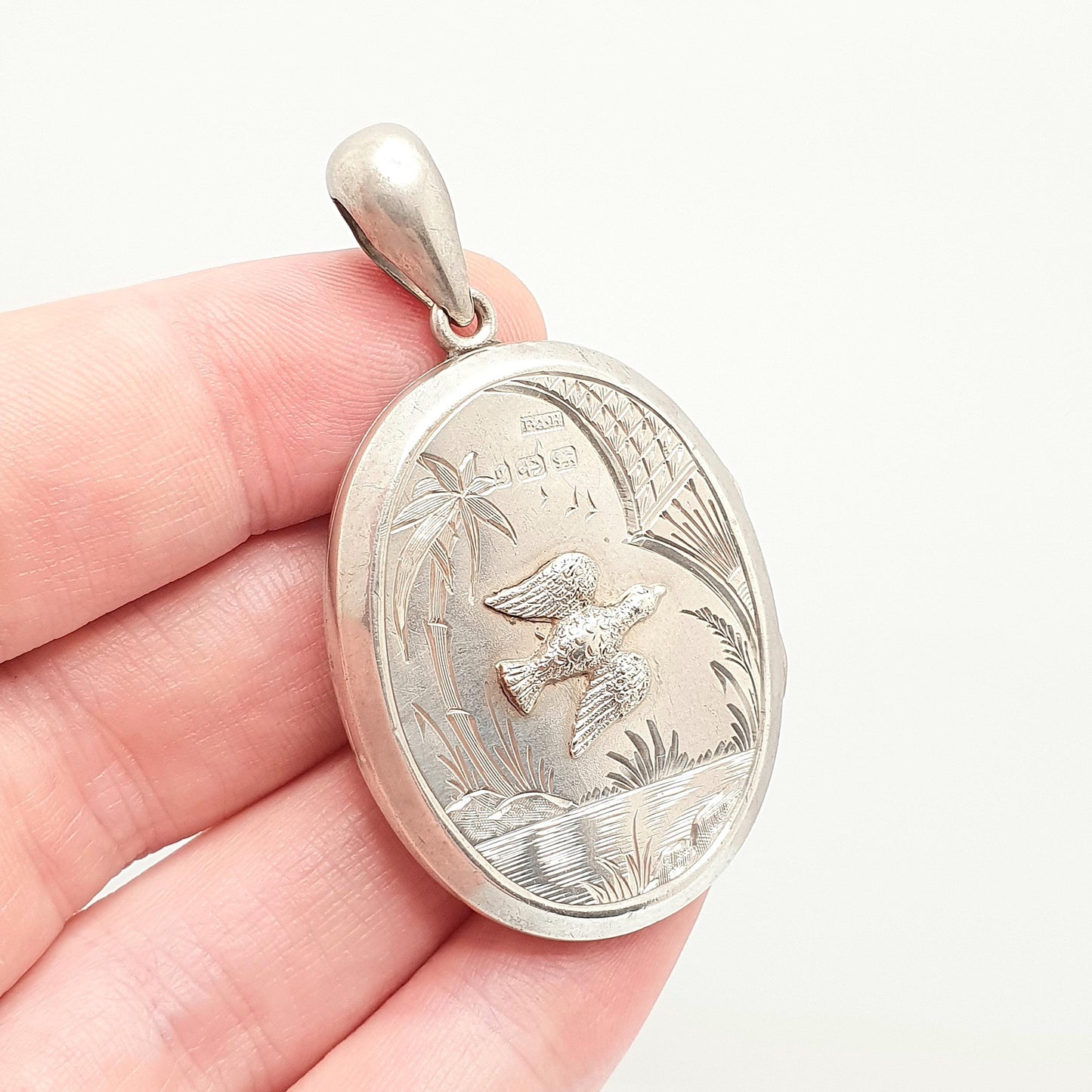Antique Victorian Sterling Silver Bird Locket Flying Duck Goose Scene 1881 Hallmark Pendant Huge Big Picture Photo Vintage Jewelry Jewellery