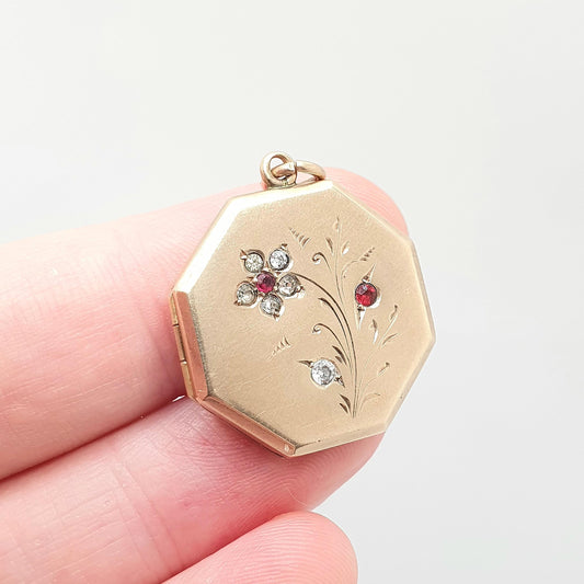 Antique 9ct 9k Gold Ruby Diamond Paste Locket Flower Pendant Back Front Octagonal Solid Silver Picture Photo Vintage Jewelry Jewellery