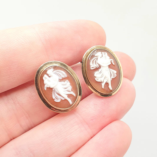 Old Vintage 14k Gold Grace Cameo Earrings Solid 585 14kt Graces Handmade Hand Carved Shell Italian Genuine Womens Ladies Jewellery Jewelry