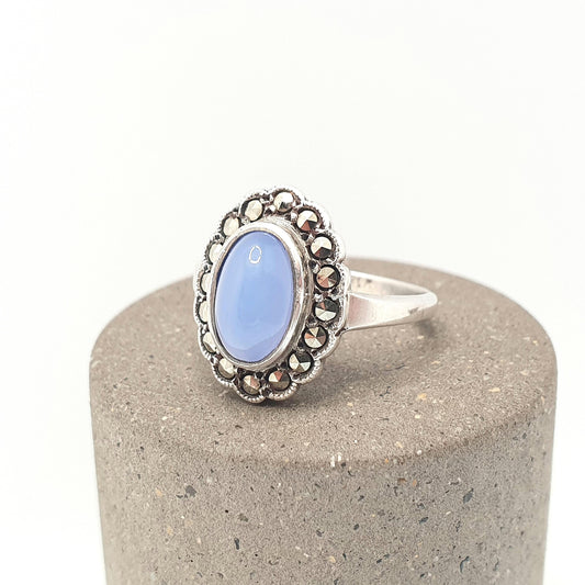 Antique Art Deco Solid Silver Ring Blue Chalcedony Marcasite Cocktail Vintage Quartz Cabochon Gemstone Dome Womens Ladies Jewellery Jewelry