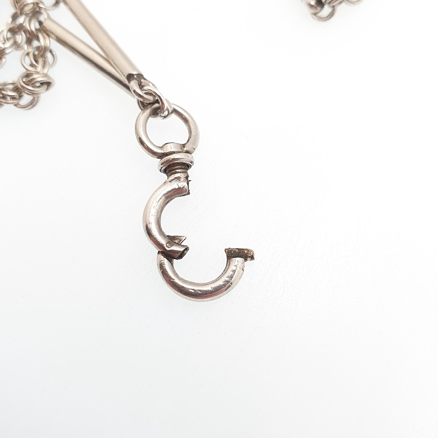 Antique Victorian Muff Chain Solid Silver Necklace Dog Clip 126cm 49.6" 28.15g Staple Bar & Rolo Link Long Guard Vintage Womens Jewelry