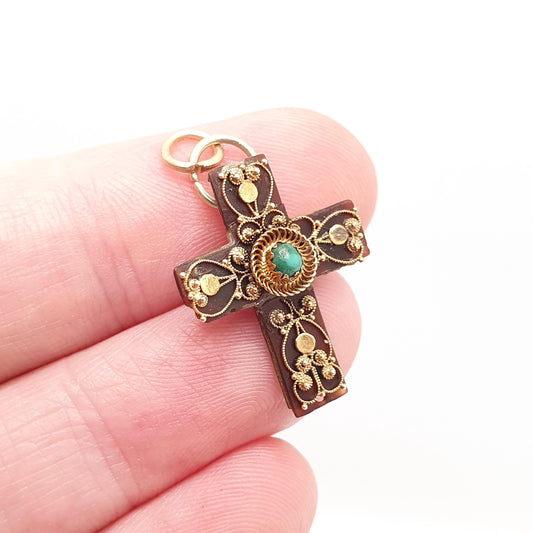 Antique 18ct 18k Gold Turquoise Crucifix Pendant Cross Necklace Solid 750 Solid Silver Victorian Filigree Natural Gemstone Jewelry Jewellery