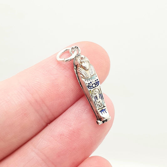 Antique Solid Silver Sarcophagus Charm Pendant Egyptian Revival Necklace Locket Enamel Pharaoh Art Deco 1920s