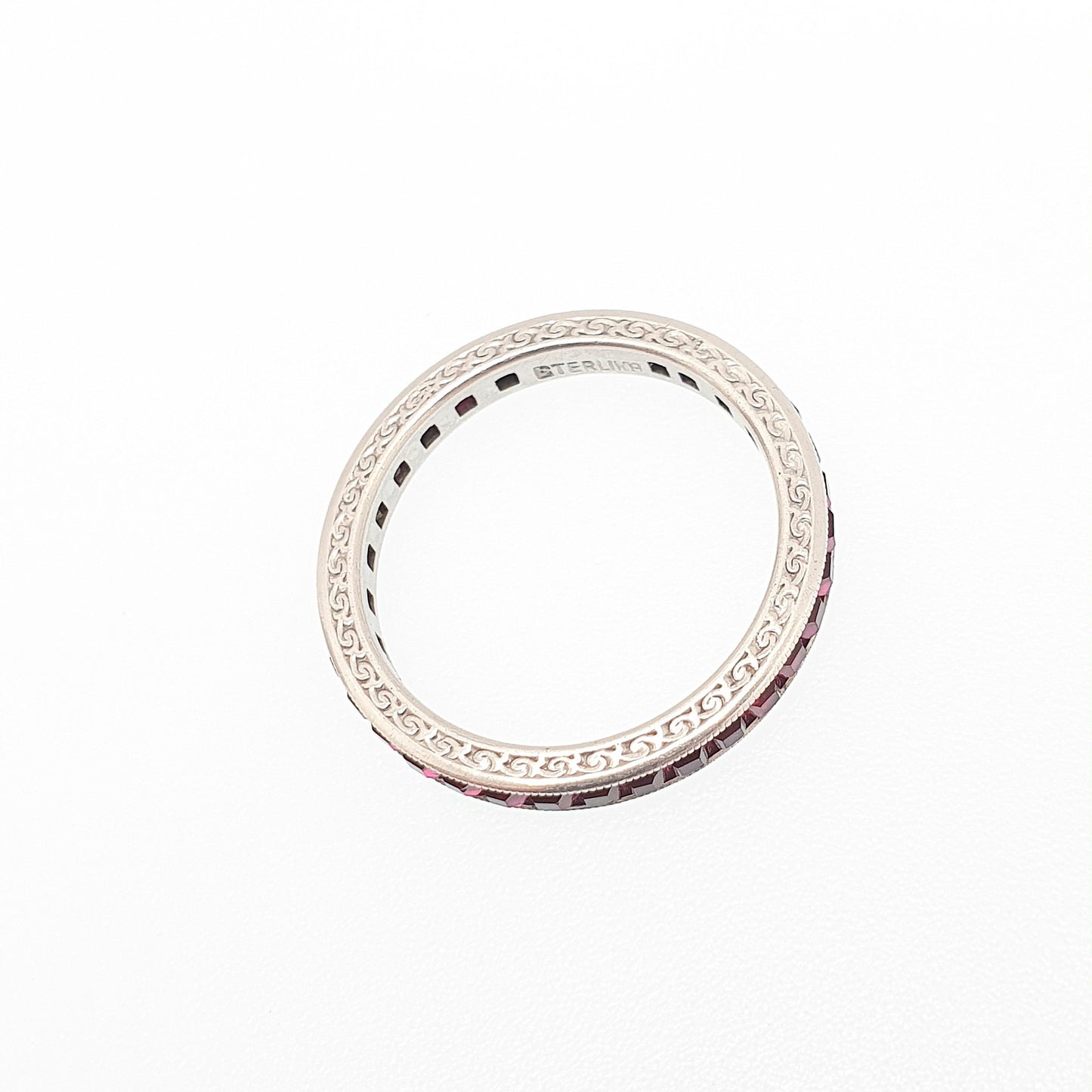 Antique Art Deco Solid Silver Ruby Paste Eternity Ring Channel Set Square Cut 1920s Vintage Full Band Ladies Womens Jewelry Jewellery