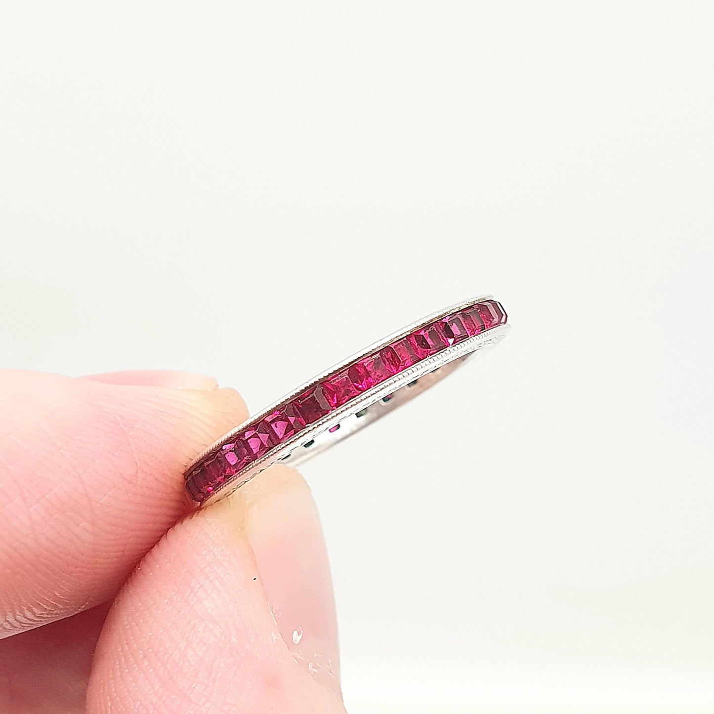 Antique Art Deco Solid Silver Ruby Paste Eternity Ring Channel Set Square Cut 1920s Vintage Full Band Ladies Womens Jewelry Jewellery