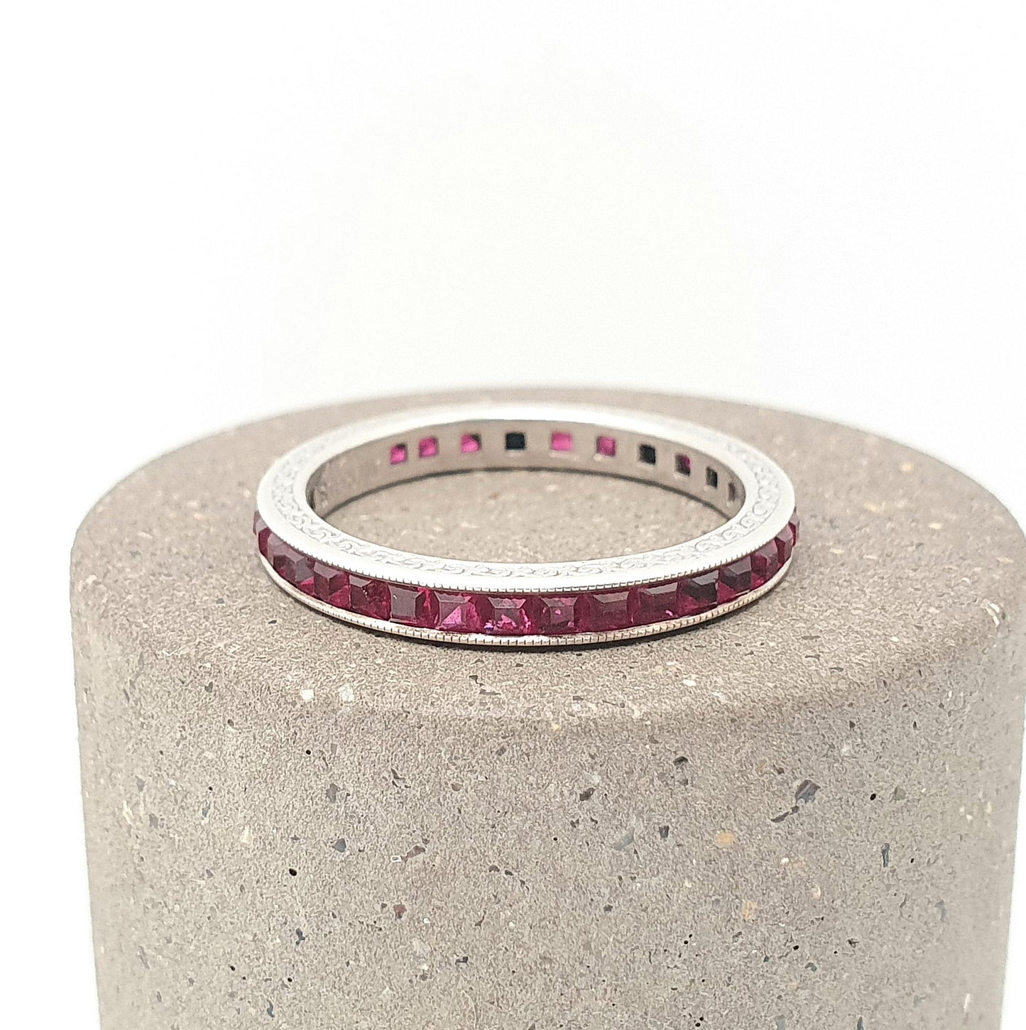 Antique Art Deco Solid Silver Ruby Paste Eternity Ring Channel Set Square Cut 1920s Vintage Full Band Ladies Womens Jewelry Jewellery
