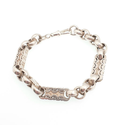 Antique Sterling Silver Stars and Bars Bracelet Belcher Links Hallmark Albert Chain Fancy Link Dog Clip 19.04g Vintage Womens Mens Jewelry