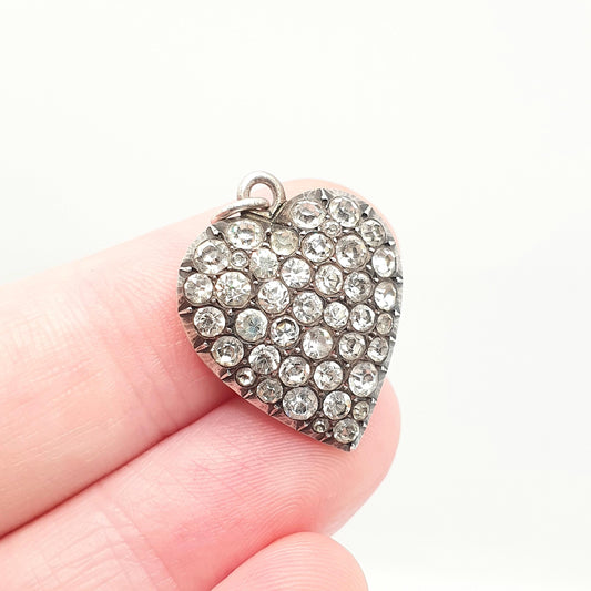 Antique Solid Silver Puffer Heart Pendant Victorian Necklace Diamond Paste Pastes Love Romantic Gift Sparkly Vintage Jewellery Jewelry