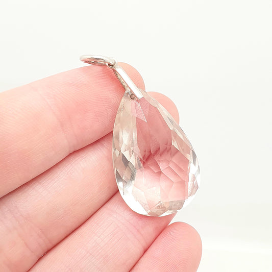 Antique Quartz Solid Silver Pendant Rock Crystal Necklace Clear Art Deco Pear Cut Natural Faceted Gemstone 1920s Womens Jewelry Jewellery