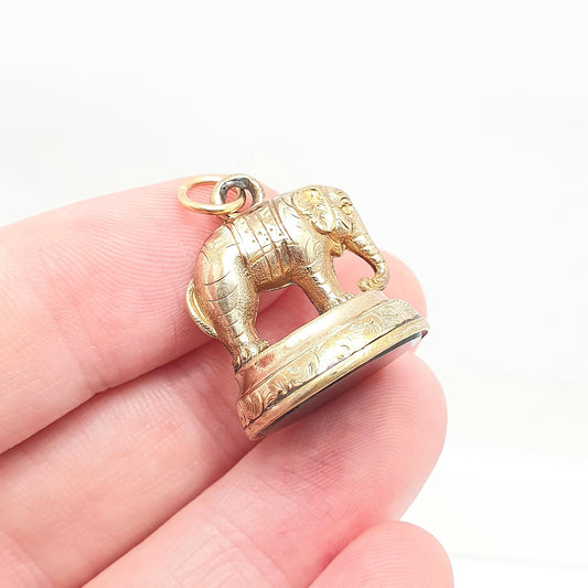 Antique Rolled Gold Elephant Bloodstone Pendant Fob Victorian Necklace Genuine Quartz Albert Gold Filled Animal Gemstone Vintage Jewelry