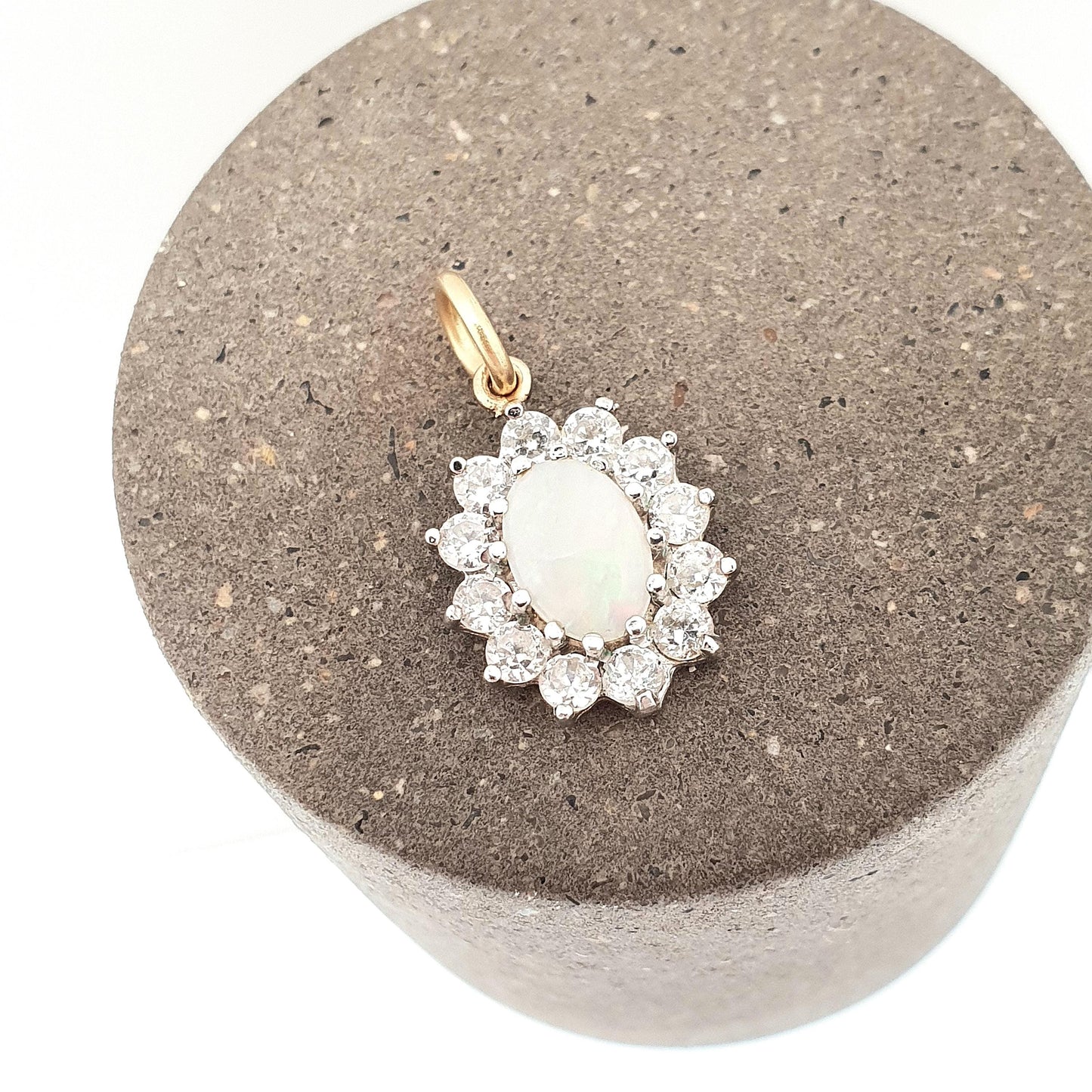Vintage 9k 9ct 375 Gold Opal Necklace Pendant CZ Cluster Halo White Oval Gemstone Solid Yellow 9 Carat Retro Ladies Womens Jewelry Jewellery