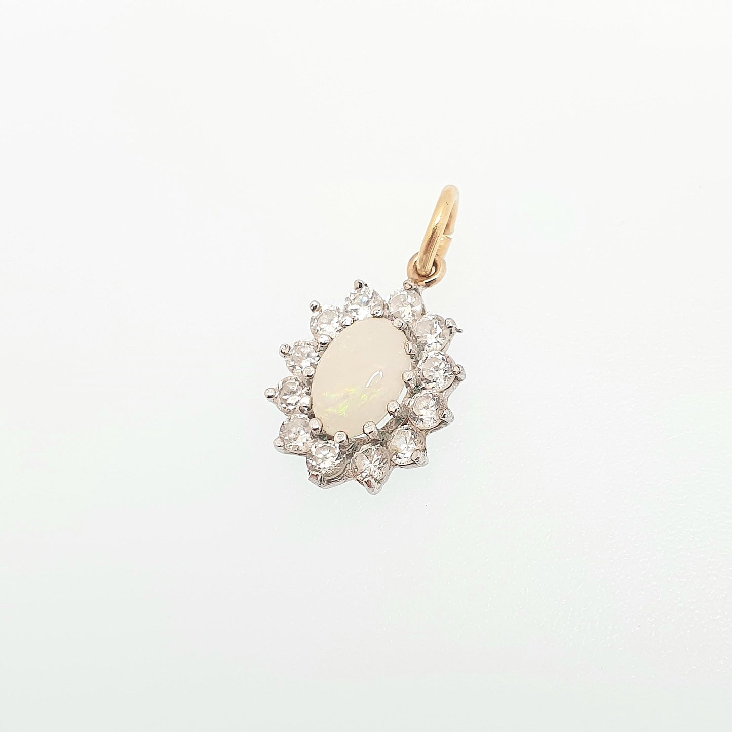 Vintage 9k 9ct 375 Gold Opal Necklace Pendant CZ Cluster Halo White Oval Gemstone Solid Yellow 9 Carat Retro Ladies Womens Jewelry Jewellery