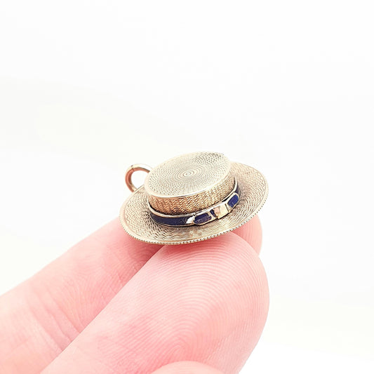 Antique 9ct 9kt Gold Boater Hat Locket Charm Pendant Necklace Blue Enamel Charm Rare Unique Hats Fashion Vintage Jewelry Jewellery