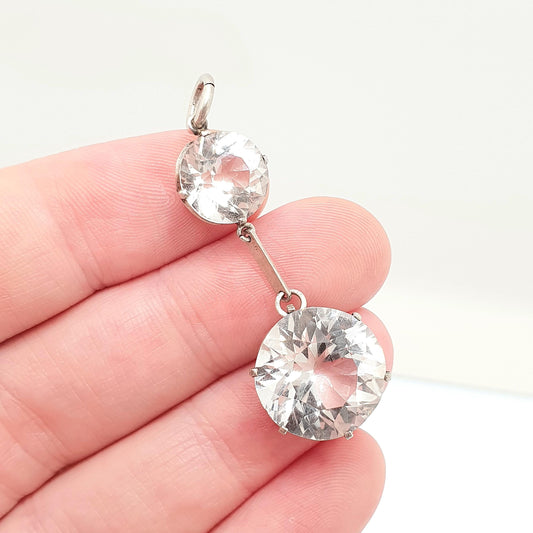 Antique Solid Silver White Spinel Pendant Necklace Double Gemstone Round Cut Drop Hanging Sparkly Genuine Real Womens Jewellery Jewelry