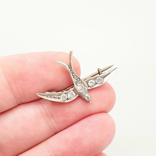 Antique Sterling Silver Bird Brooch Pin Diamond Paste Victorian Cute Sweet Swallow Vintage 1800s Songbird Ladies Womens Jewelry Jewellery