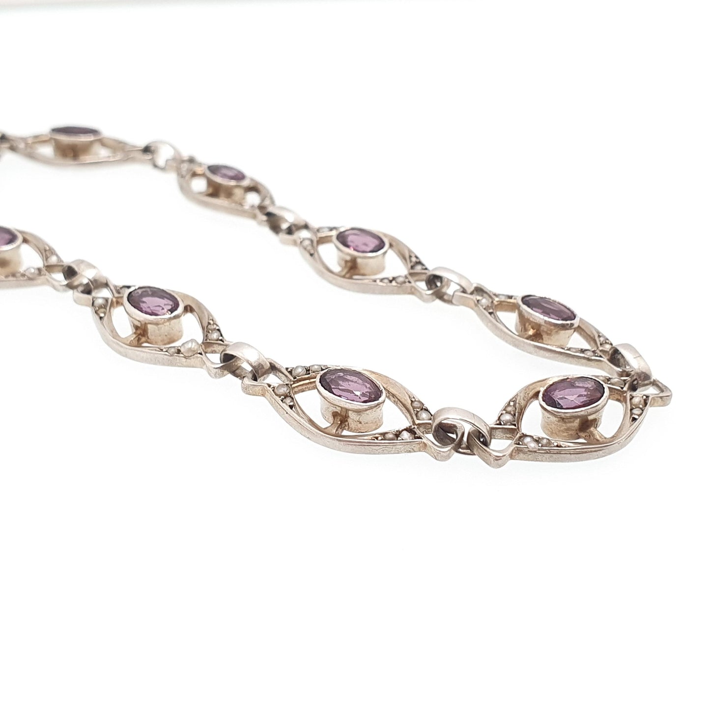 Antique Solid Silver Amethyst Paste & Seed Pearl Bracelet Edwardian 1900s Art Nouveau Handmade Estate Vintage Womens Jewelry Jewellery