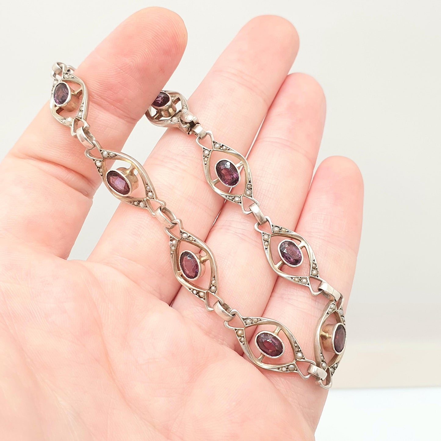 Antique Solid Silver Amethyst Paste & Seed Pearl Bracelet Edwardian 1900s Art Nouveau Handmade Estate Vintage Womens Jewelry Jewellery