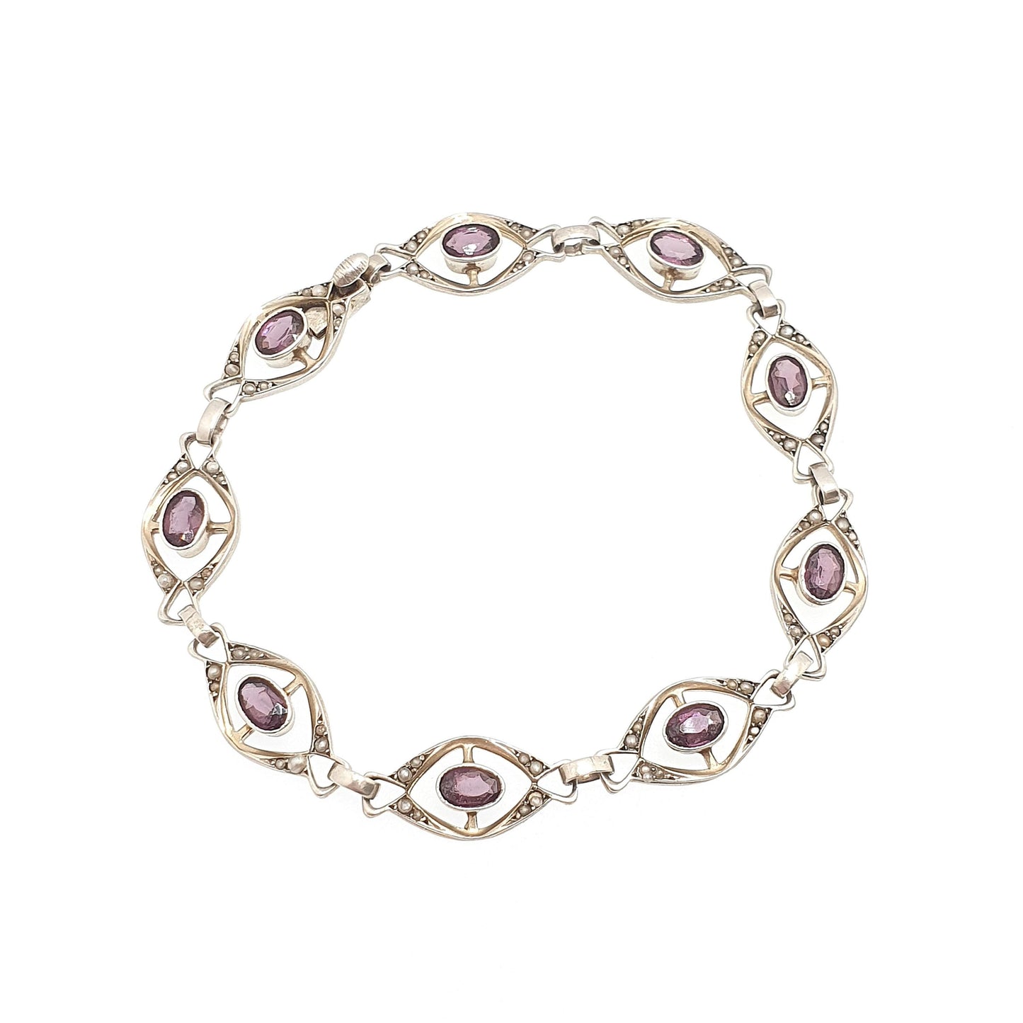 Antique Solid Silver Amethyst Paste & Seed Pearl Bracelet Edwardian 1900s Art Nouveau Handmade Estate Vintage Womens Jewelry Jewellery
