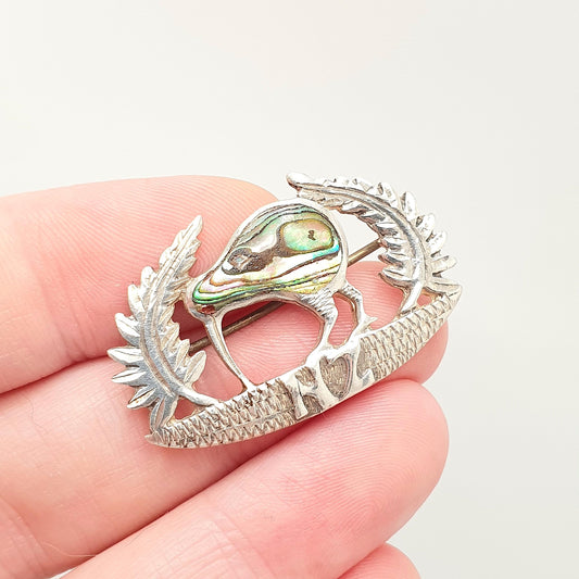 Antique Sterling Silver Kiwi Bird Brooch Abalone Shell New Zealand NZ Rare Animal Vintage Solid 925 Womens Retro Jewellery Jewelry