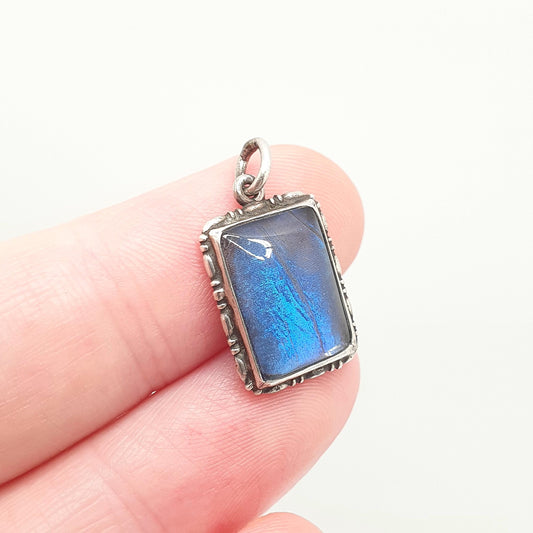 Antique Art Deco Sterling Silver Butterfly Wing Necklace Pendant TLM Rectangular Vintage 1920s Blue Bug Fly Insect Small Jewelry Jewellery