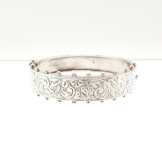 Antique Victorian Sterling Silver Snap Bangle Bracelet Beaded Border Engraved 1887 Hallmarked 19.35g Ornate Vintage 925 Jewelry Womens
