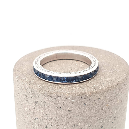 Antique Art Deco Solid Silver Sapphire Paste Eternity Ring 1920s Full Channel Rectangular Cut 1920s Vintage Ladies Womens Jewelry Jewellery