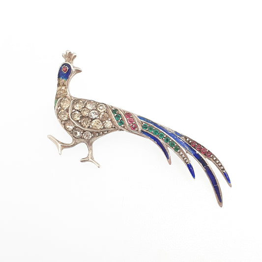Antique Sterling Silver Peacock Brooch Diamond Paste Enamel Exotic Bird Edwardian Vintage Animal Birds Sparkly Womens Jewelry Jewellery