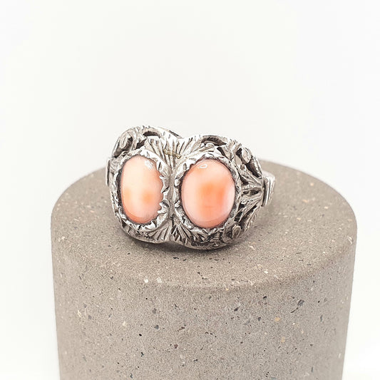 Antique Solid Silver Coral Ring Angel Skin Pink Double Gemstone Art Nouveau Vintage Fine Rare Cabochon 1900s Ladies Womens Jewelry Jewellery