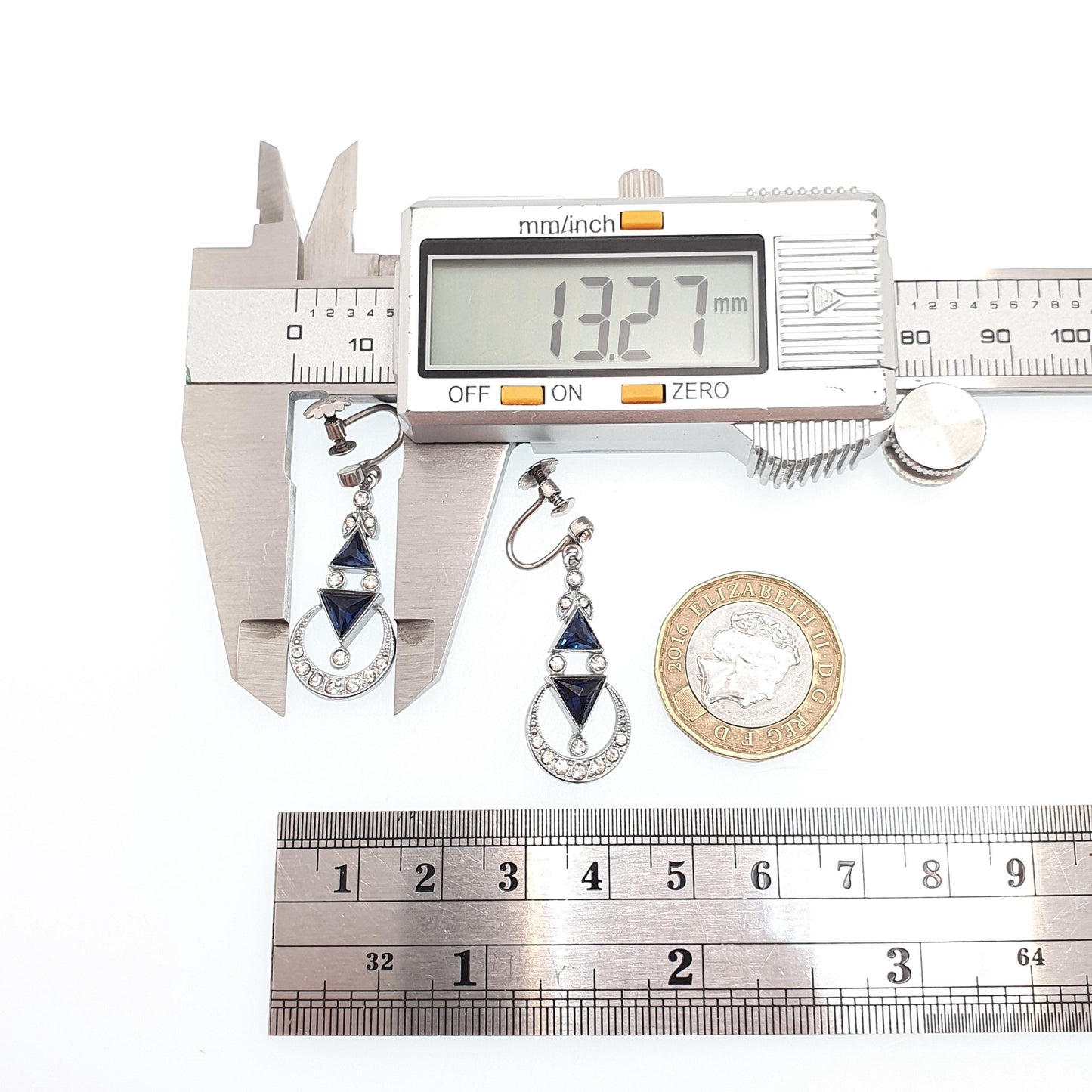 Antique Solid Silver Sapphire & Diamond Paste Earrings Crescent Moon Art Deco Pendulum Chandelier Hanging 1920s Vintage Jewelry Jewellery