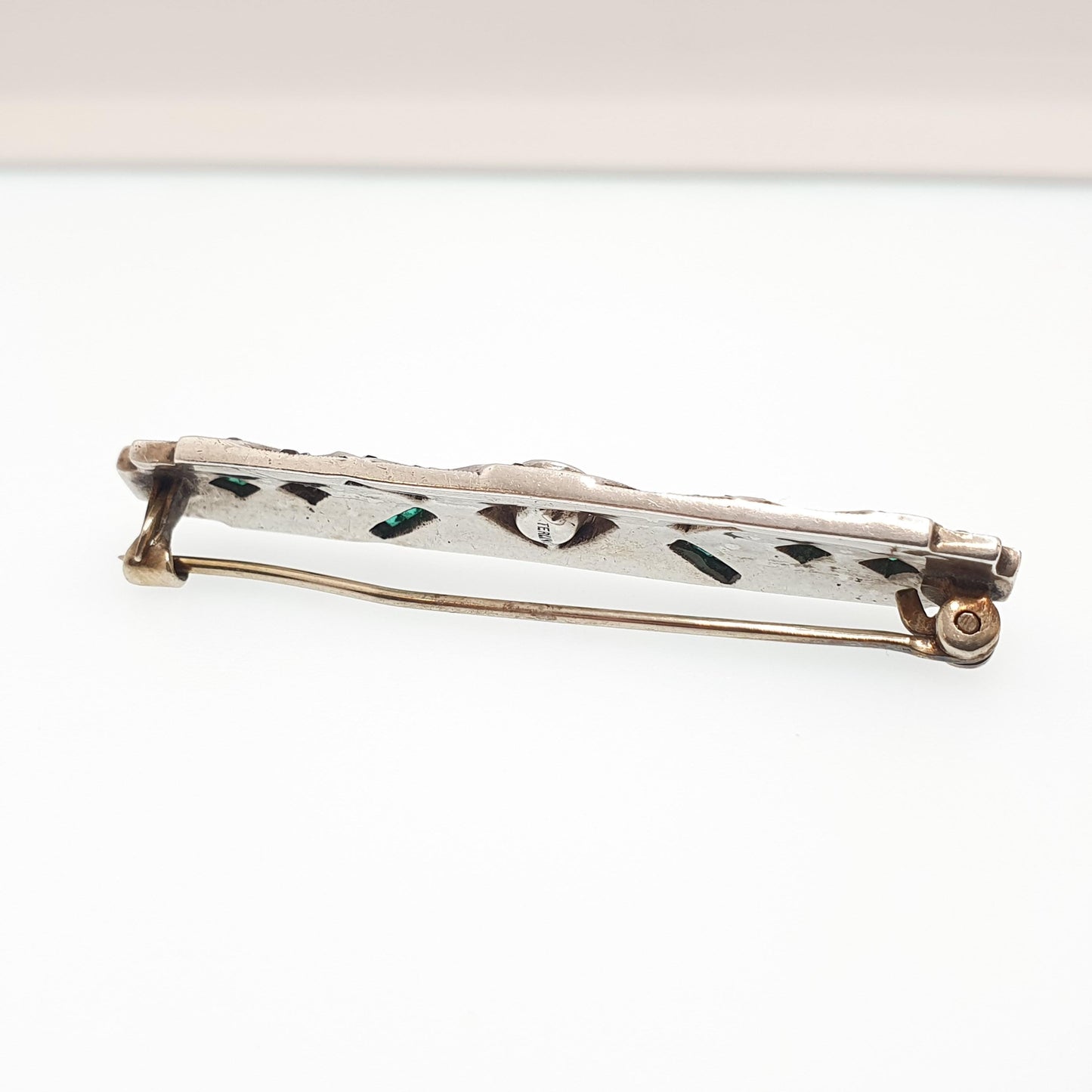 Antique Sterling Silver Emerald Diamond Paste Brooch Art Deco Geometric Channel Cut Vintage Sparkly Flapper Womens Jewelry Jewellery