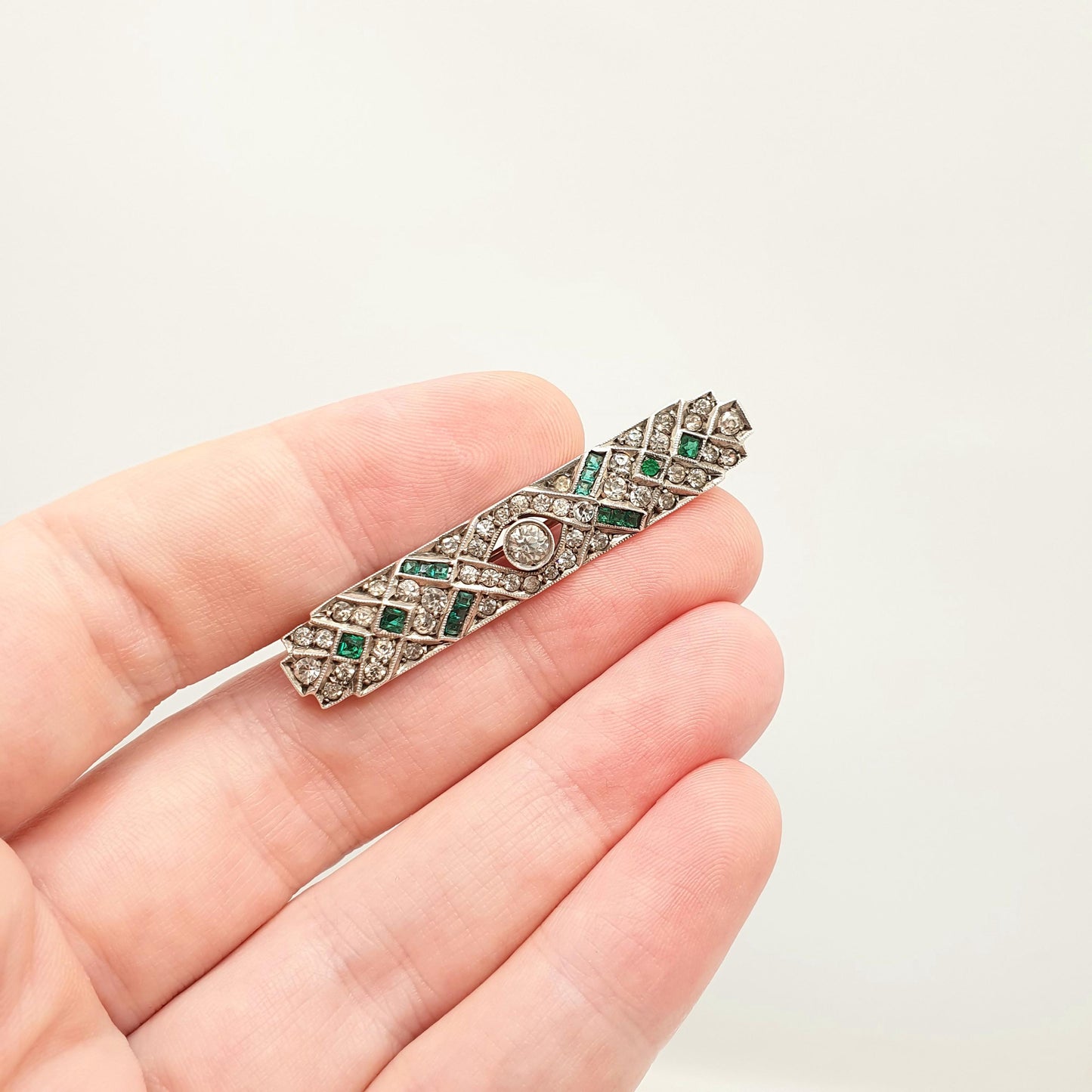 Antique Sterling Silver Emerald Diamond Paste Brooch Art Deco Geometric Channel Cut Vintage Sparkly Flapper Womens Jewelry Jewellery