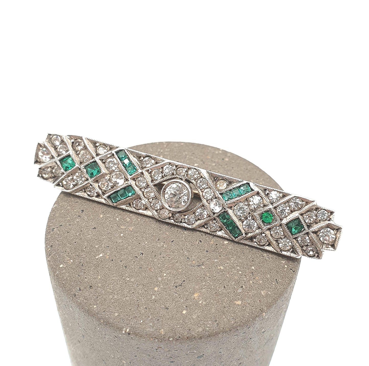 Antique Sterling Silver Emerald Diamond Paste Brooch Art Deco Geometric Channel Cut Vintage Sparkly Flapper Womens Jewelry Jewellery