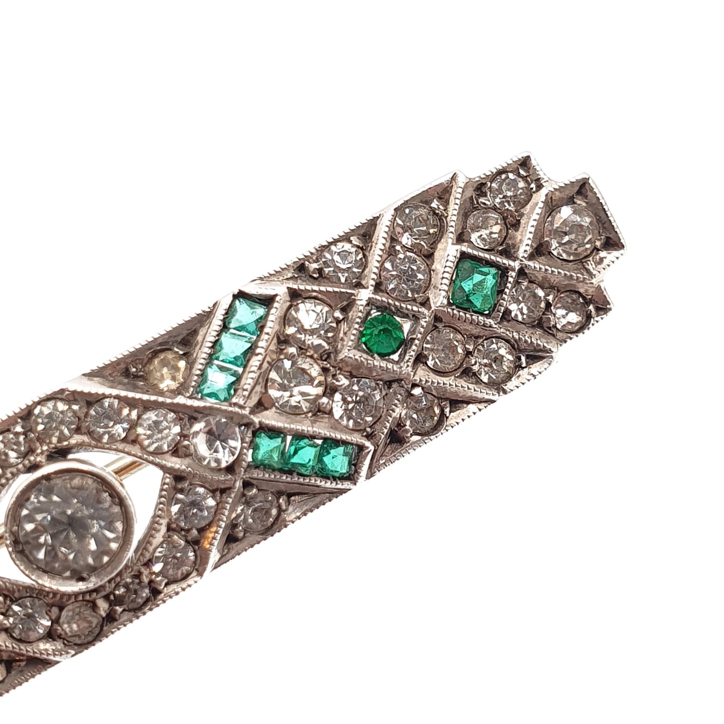 Antique Sterling Silver Emerald Diamond Paste Brooch Art Deco Geometric Channel Cut Vintage Sparkly Flapper Womens Jewelry Jewellery