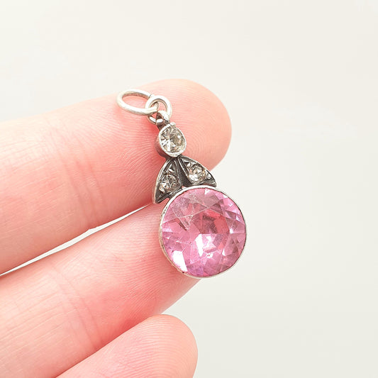 Antique Solid Silver Pink & Diamond Paste Pendant Necklace Victorian Round Cut Pendulum 1800s Sparkly Vintage Womens Jewellery Jewelry