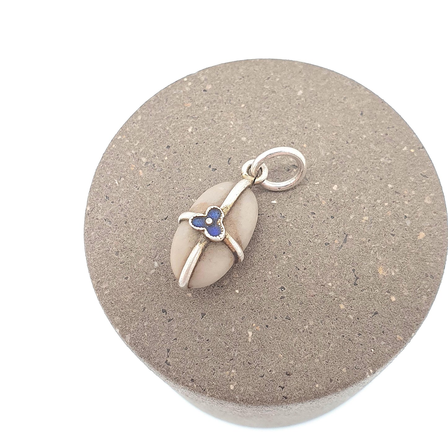 Antique Victorian Forget Me Not Solid Silver Charm Pebble Pendant Necklace Hardstone Enamel Sweetheart Vintage Womens Jewelry Jewellery