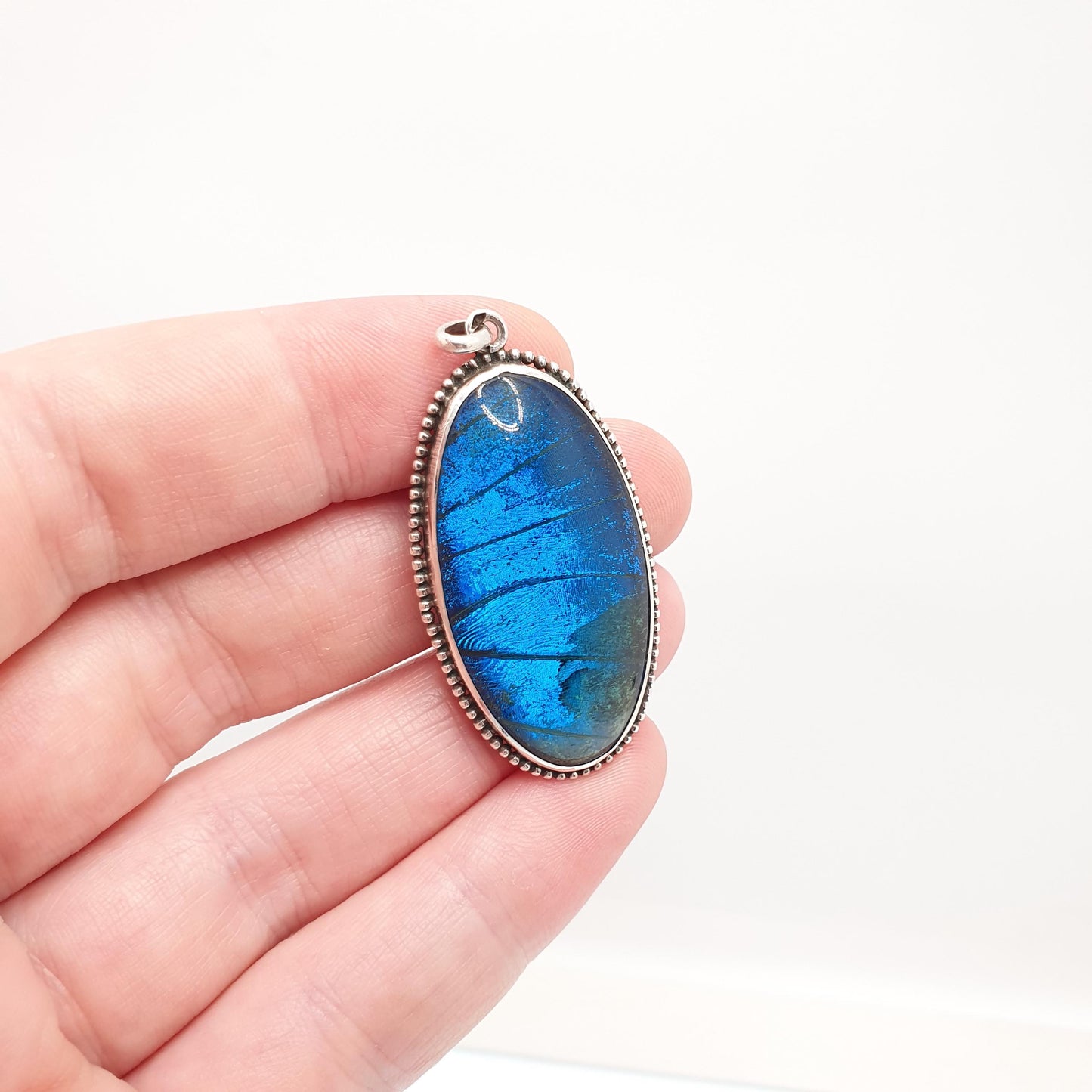 Antique Solid Silver Butterfly Wing Necklace Pendant Large Oval Art Deco Round Vintage 1920s Blue Bug Fly Insect Jewelry Jewellery Womens