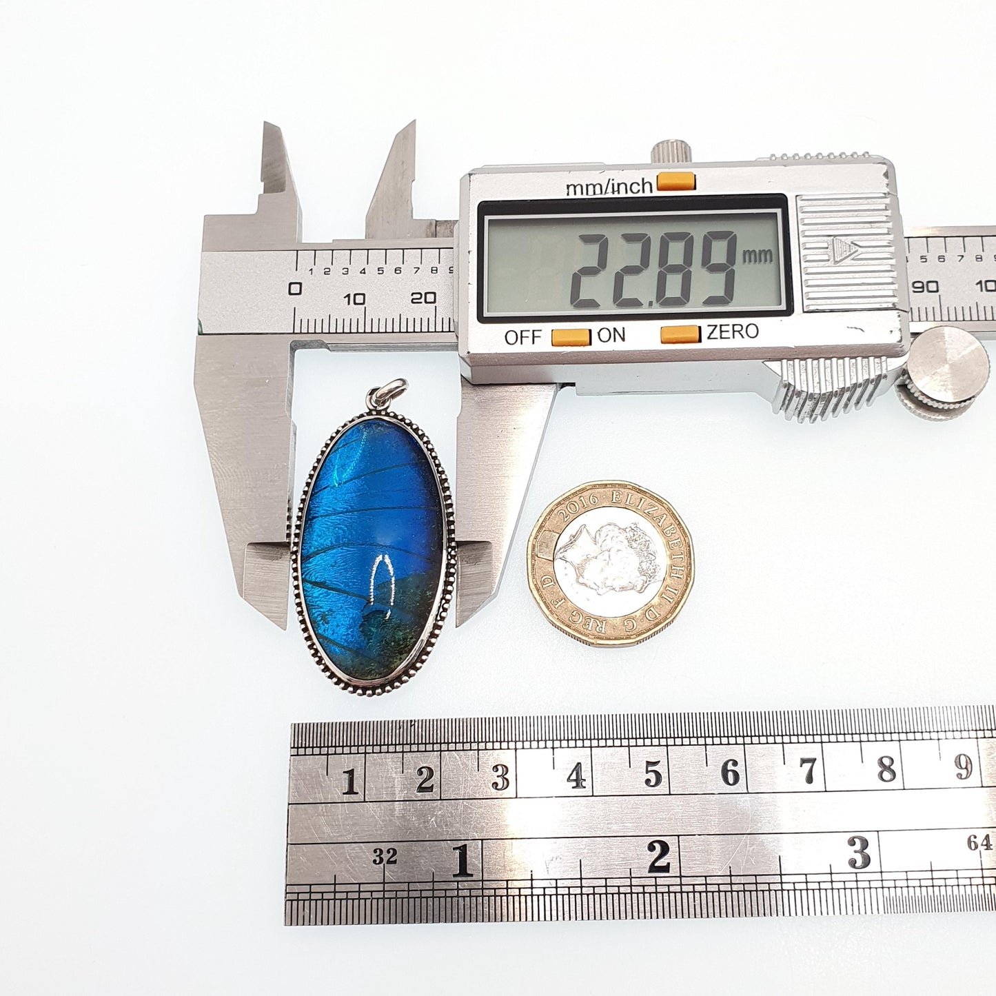 Antique Solid Silver Butterfly Wing Necklace Pendant Large Oval Art Deco Round Vintage 1920s Blue Bug Fly Insect Jewelry Jewellery Womens