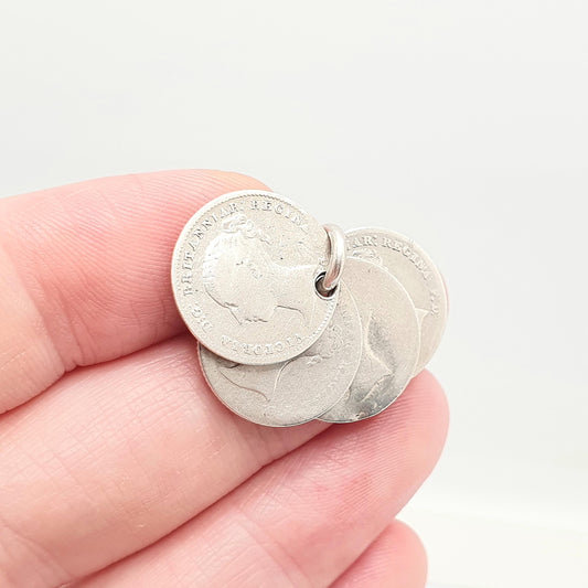 Antique Victorian Sterling Silver Coin Charm Necklace Pendant Threepence Coins Three Pence Bracelet Charm Mens Womens Jewelry Jewellery