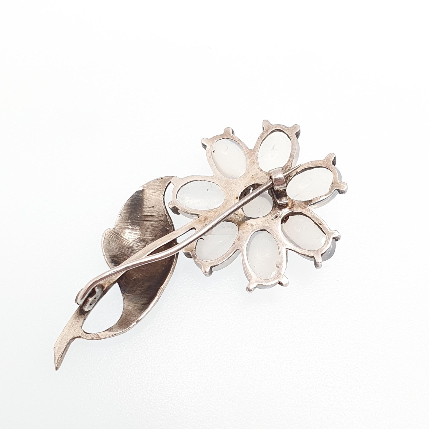 Antique Solid Silver Moonstone Flower Brooch Victorian Natural Floral Genuine Blue Gemstones Art Nouveau Vintage Gift Jewelry Jewellery