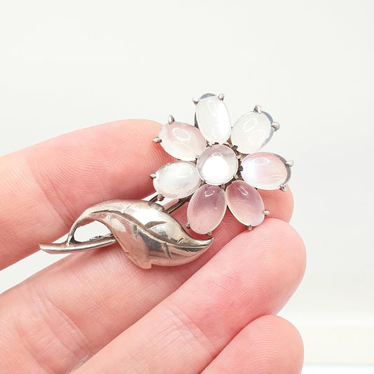 Antique Solid Silver Moonstone Flower Brooch Victorian Natural Floral Genuine Blue Gemstones Art Nouveau Vintage Gift Jewelry Jewellery