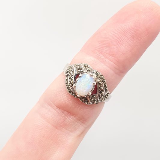 Vintage Sterling Silver Opal Ring Marcasite Cluster 1986 Hallmarked Gold Vermeil Sparkly Retro White Gemstone Solid 925 Womens Genuine