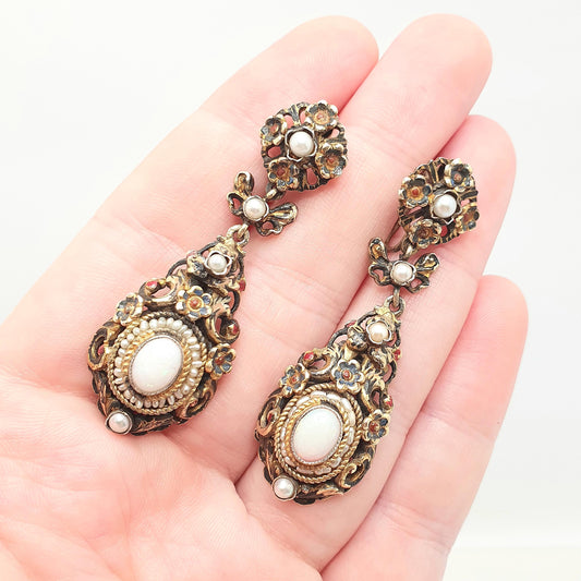 Antique Solid Silver Opal Earrings Austro Hungarian Enamel Seed Pearl Gold Vermeil Chandelier Drop Art Nouveau Vintage Jewelry Jewellery