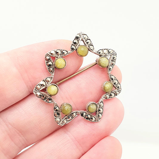 Vintage Sterling Silver Irish Connemara Star Brooch Pin Marcasite Dublin Hallmark Green Marble Ireland Celtic Gaelic Jewelry Jewellery