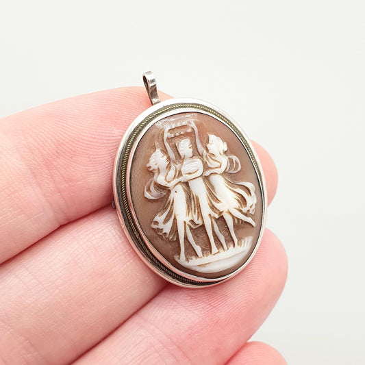 Antique Solid Silver Three Graces Cameo Necklace Pendant Brooch Grace Art Deco Shell Hand Carved Italian Retro Vintage Jewelry Jewellery