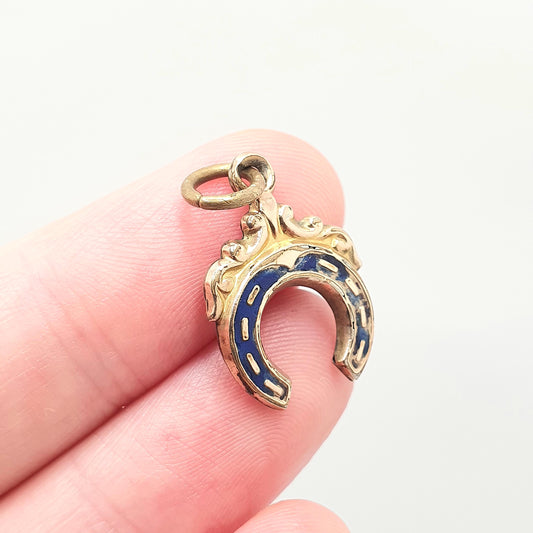 Antique 9ct Gold Cased Horseshoe Pendant Necklace Victorian Enamel Good Luck Lucky Horse Riding Gold Womens Mens Jewellery Jewelry