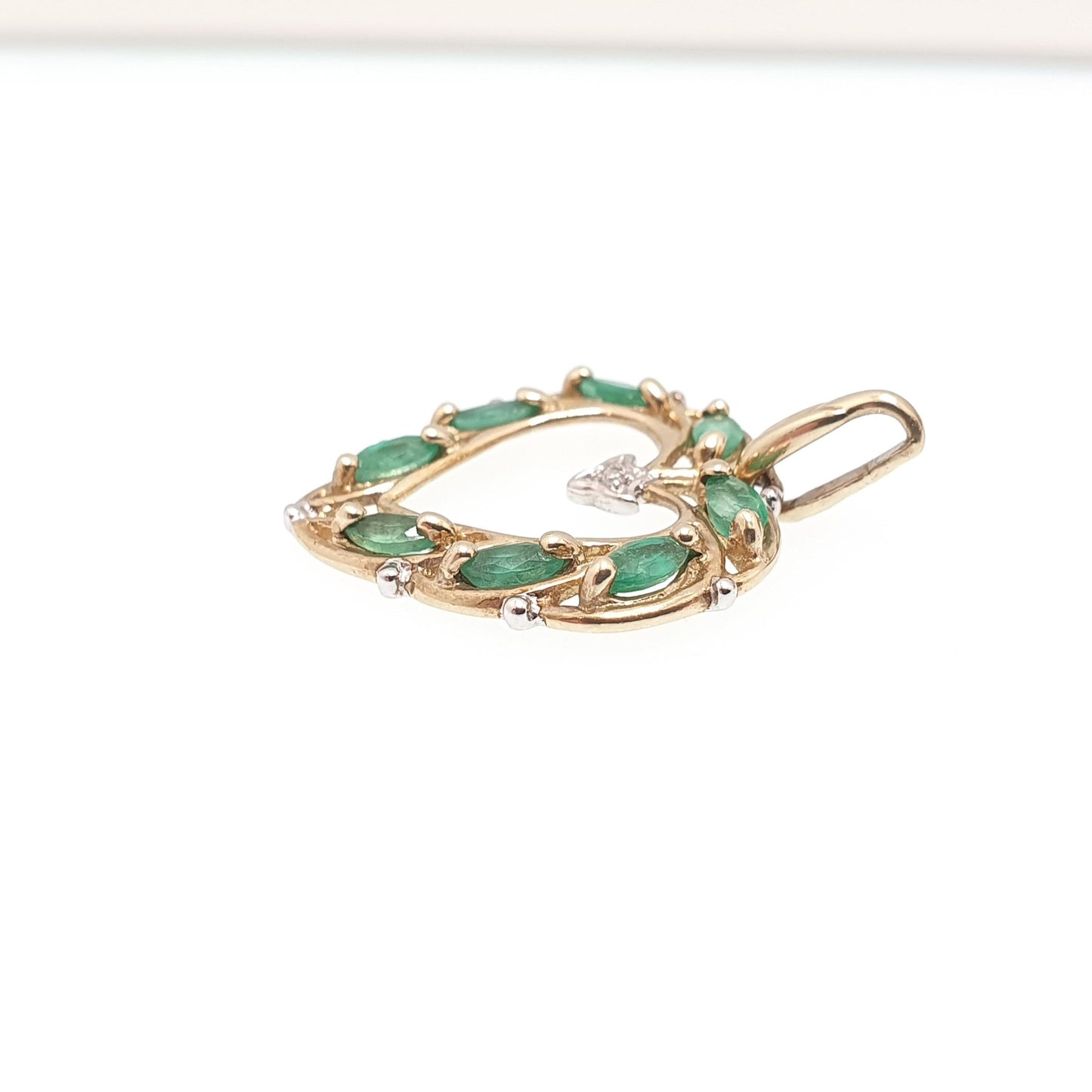 Vintage 9ct Gold Emerald & Diamond Pendant Heart Necklace Solid 375 9k Oval Genuine Gemstone Retro Necklace Ladies Womens Jewelry Jewellery