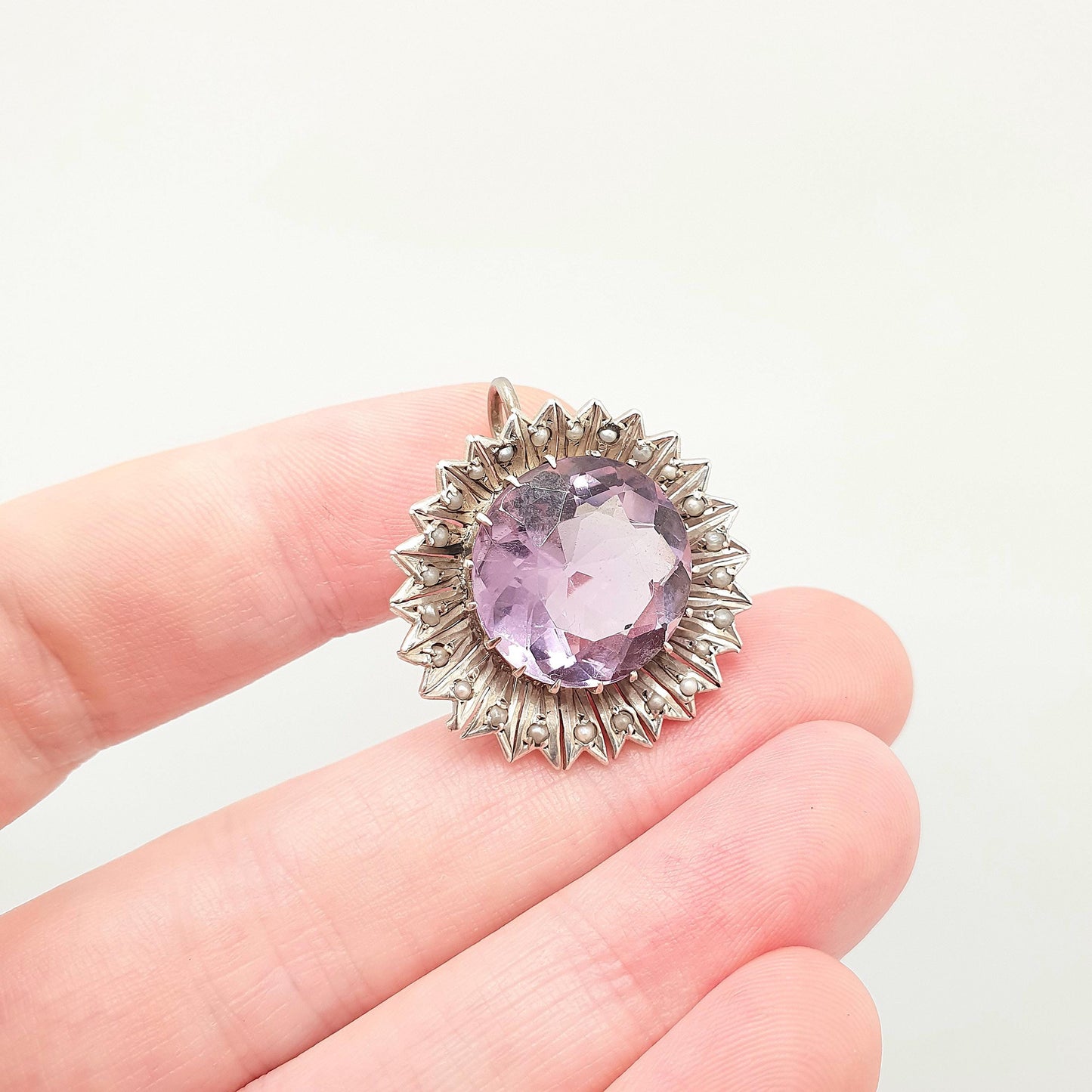Antique Solid Silver Natural Amethyst Pendant Victorian Seed Pearl Necklace Large Big Flower Real Quartz Gemstone Vintage Jewellery Jewelry