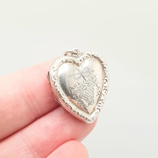 Antique Solid Silver Heart Locket Bow Giardinetti Necklace Pendant Flower Basket Picture Photo Love Gift Womens Jewelry Jewellery Vintage
