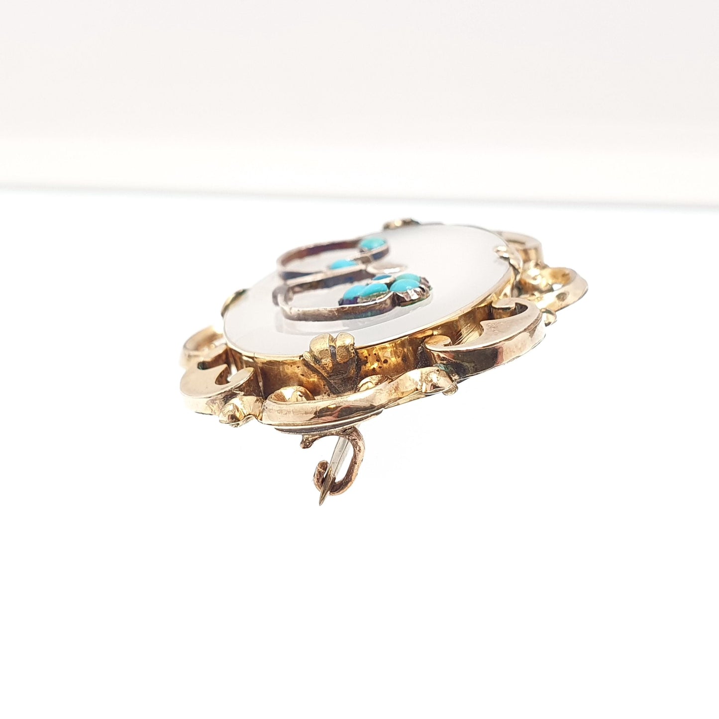 Antique Victorian 9ct Gold Cased Turquoise Brooch Forget Me Not White Chalcedony Quartz Flower Leaf Vintage Womens Jewelry Jewellery