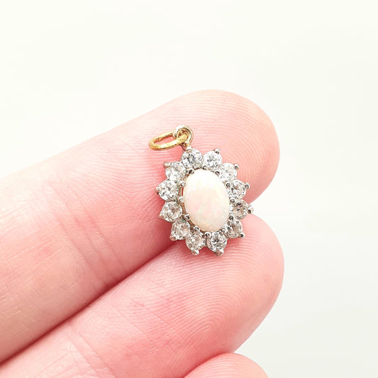 Vintage 9k 9ct Gold Opal Pendant Necklace CZ Cluster Halo White Oval Gemstone Solid Yellow 9 Carat Retro Ladies Womens Jewelry Jewellery
